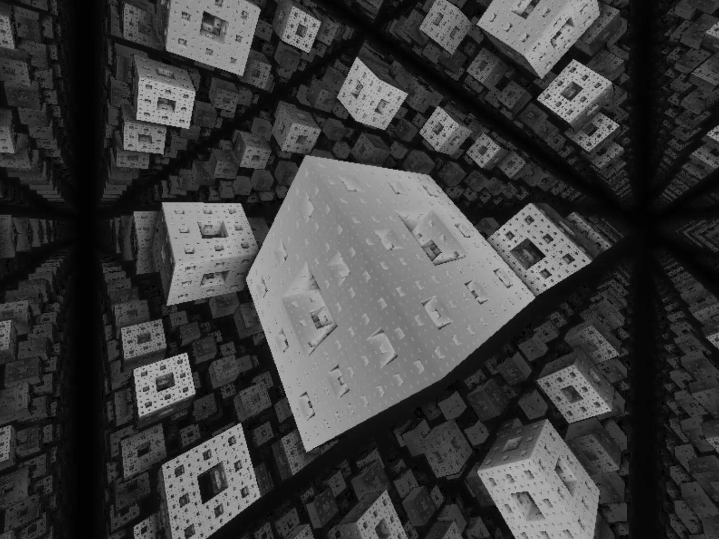 Screenshot of detailed, silver Menger sponge fractals repeating infinitely