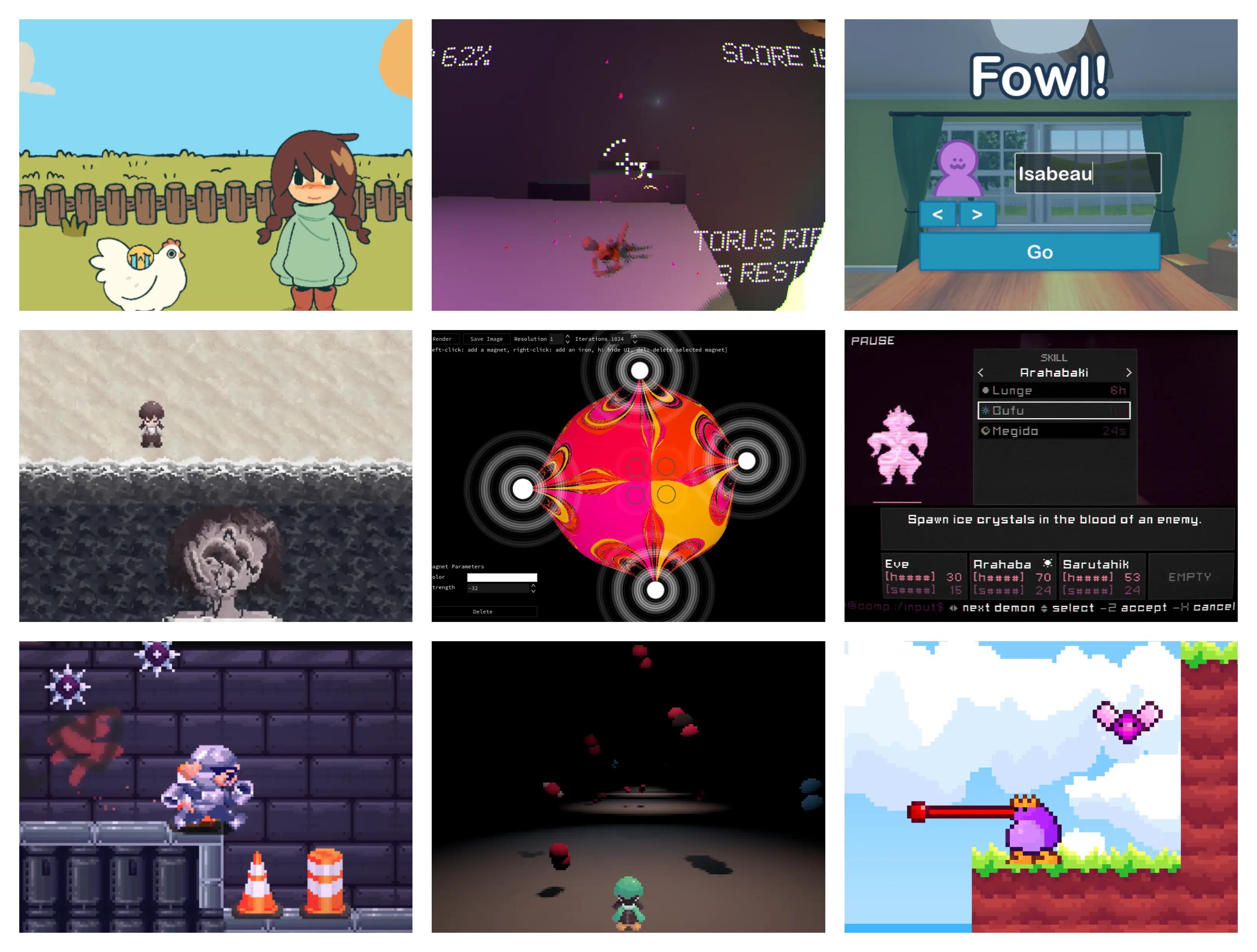 A collage of 9 art/game projects, including platformers and online card games