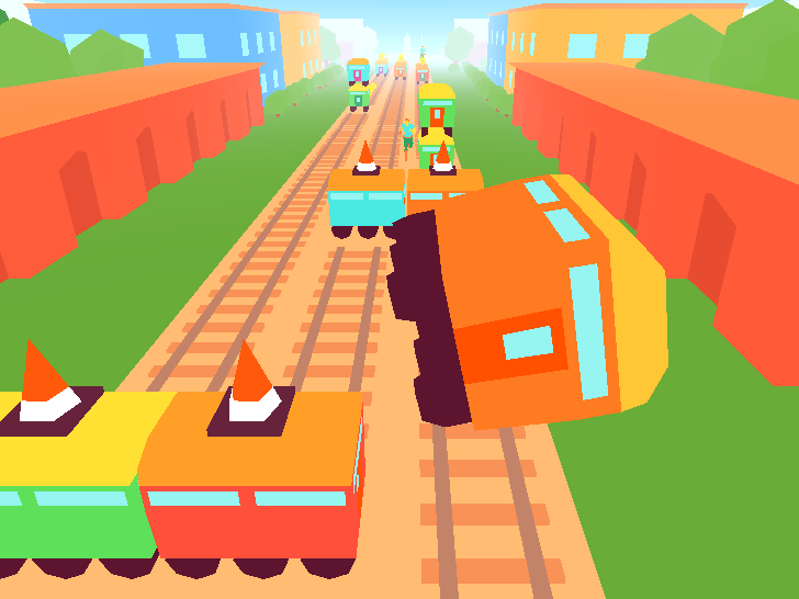 Screenshot of cartoonish, 3D subway flying over a color railway