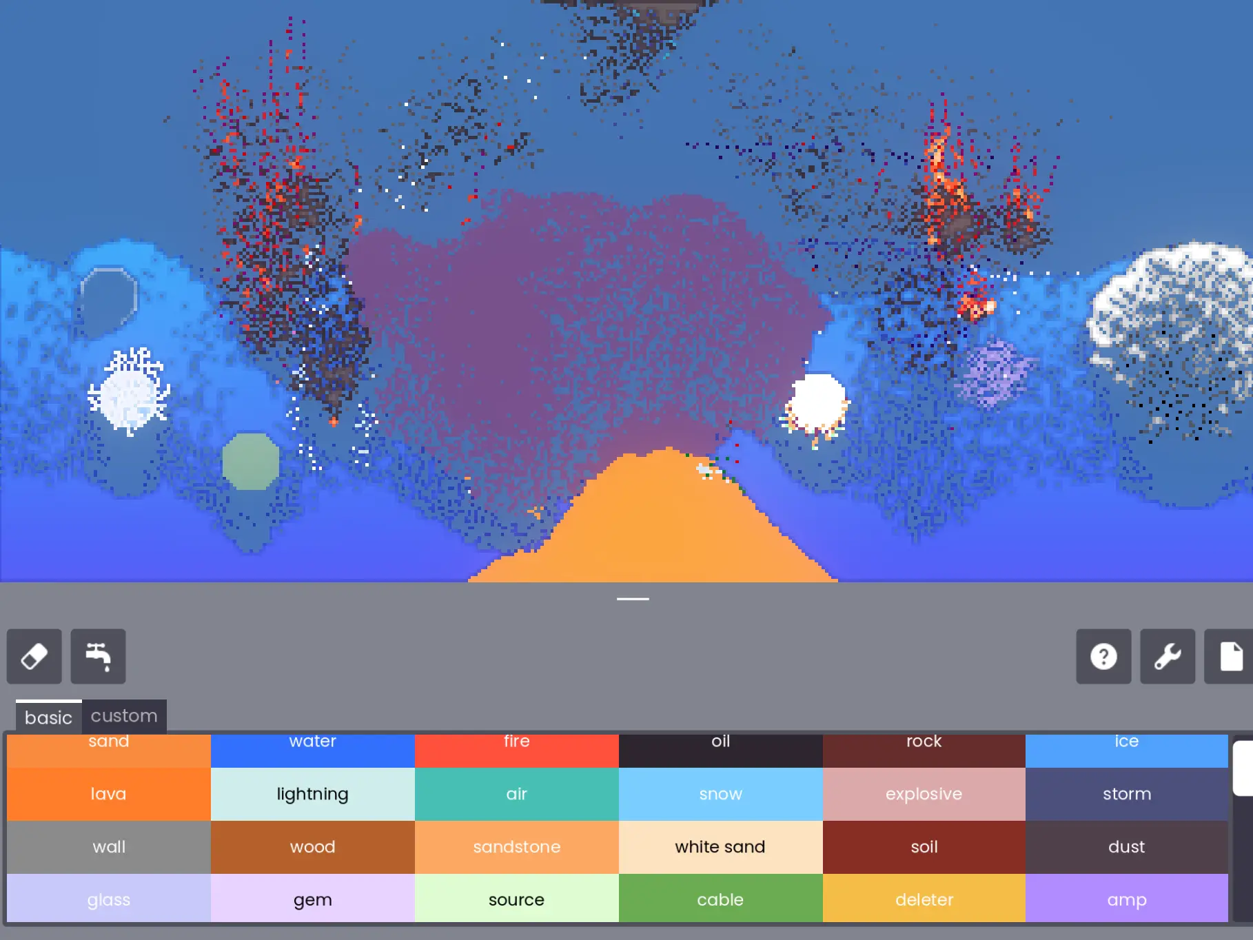 Screenshot of explosions and particle reactions in Sand Slide